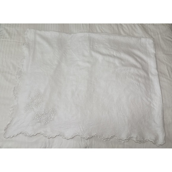 Handmade Other - Vintage Hand Embroidered Tablecloth Large Rectangle 69x89 Cotton Scalloped Stain